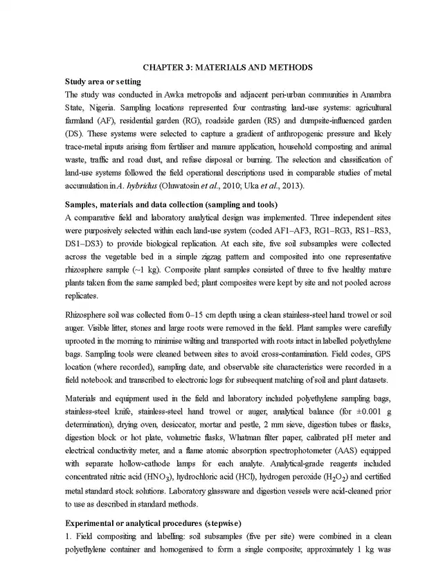 First page of the materials and methods chapter, describing the study area, sampling and procedures.