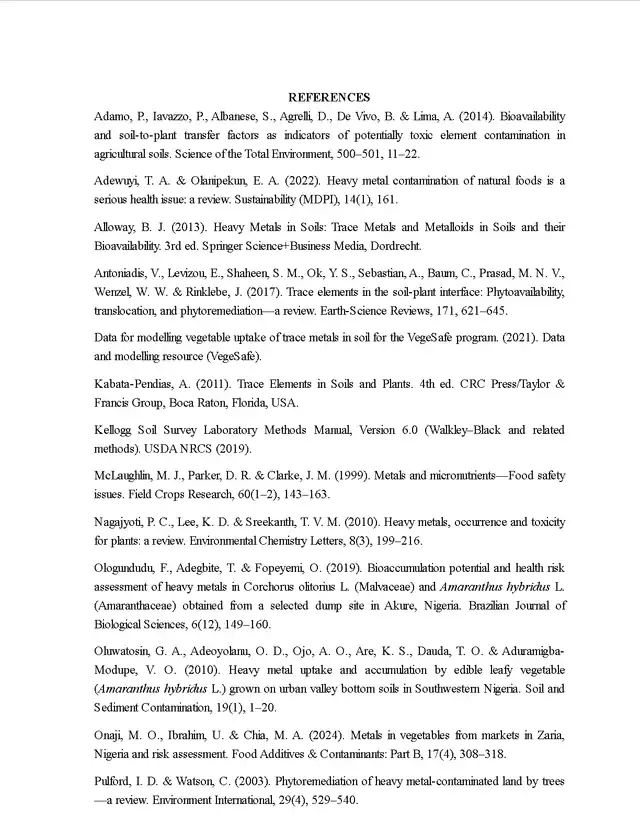 References page, an alphabetical list of journal articles and books.